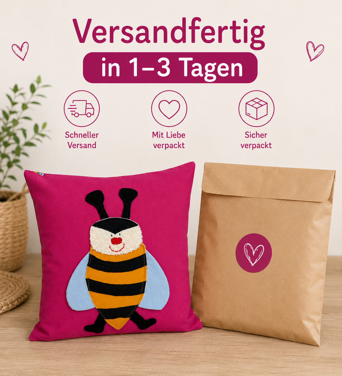 Reisekissen für Mädchen mit Biene – Kuschelkissen Pink 30x30 cm | Handgemachtes Kinderkissen