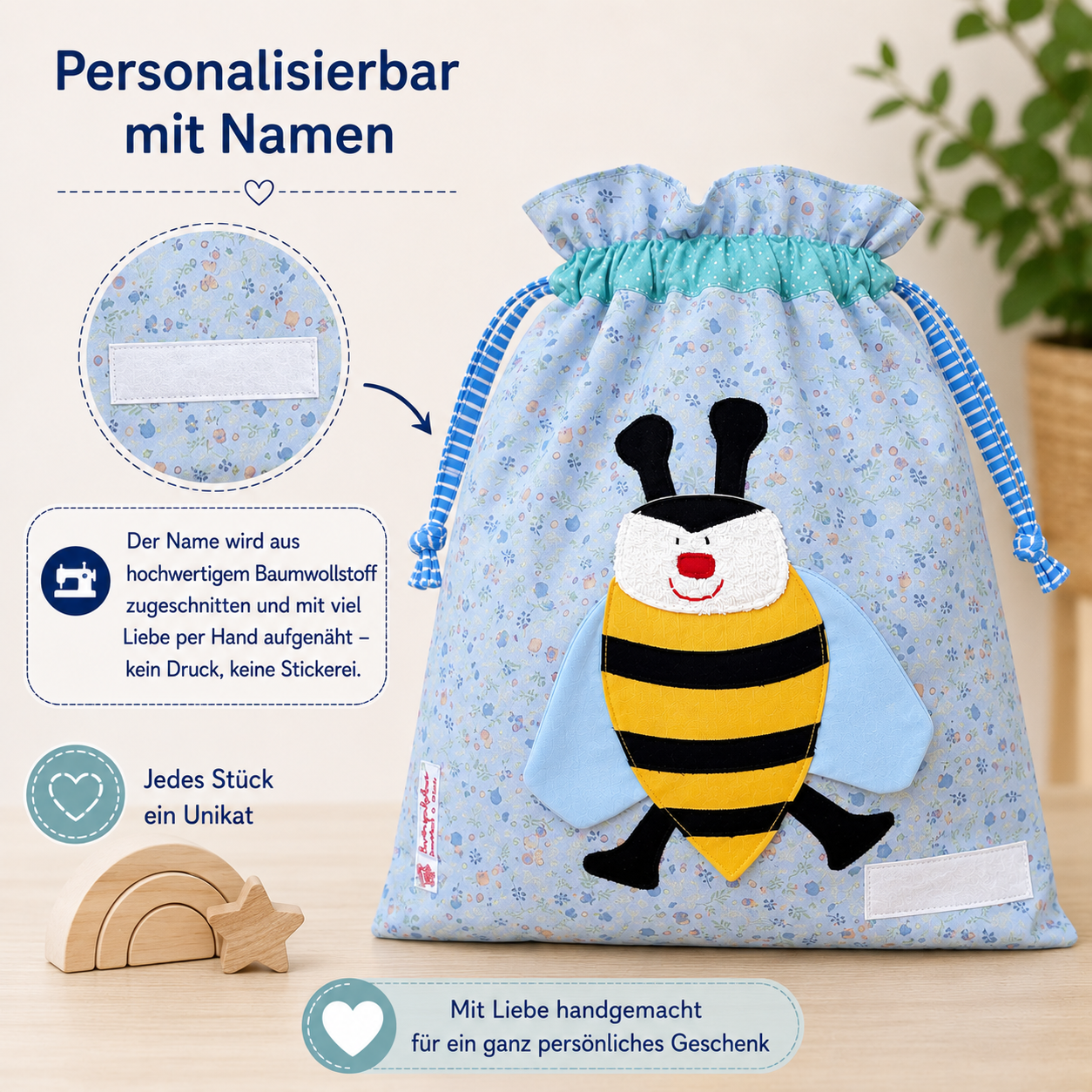Wetbag „Biene“ – handgemacht, wasserabweisend, ideal für Kita, Sport & Reisen