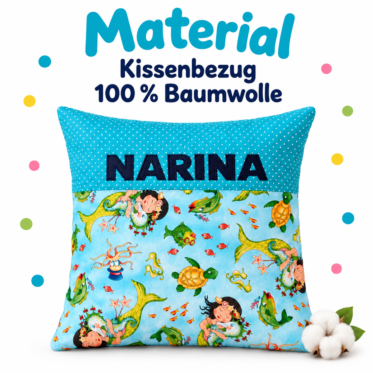 Meerjungfrau-Kissen mit Namen – personalisiert, 40 × 40 cm