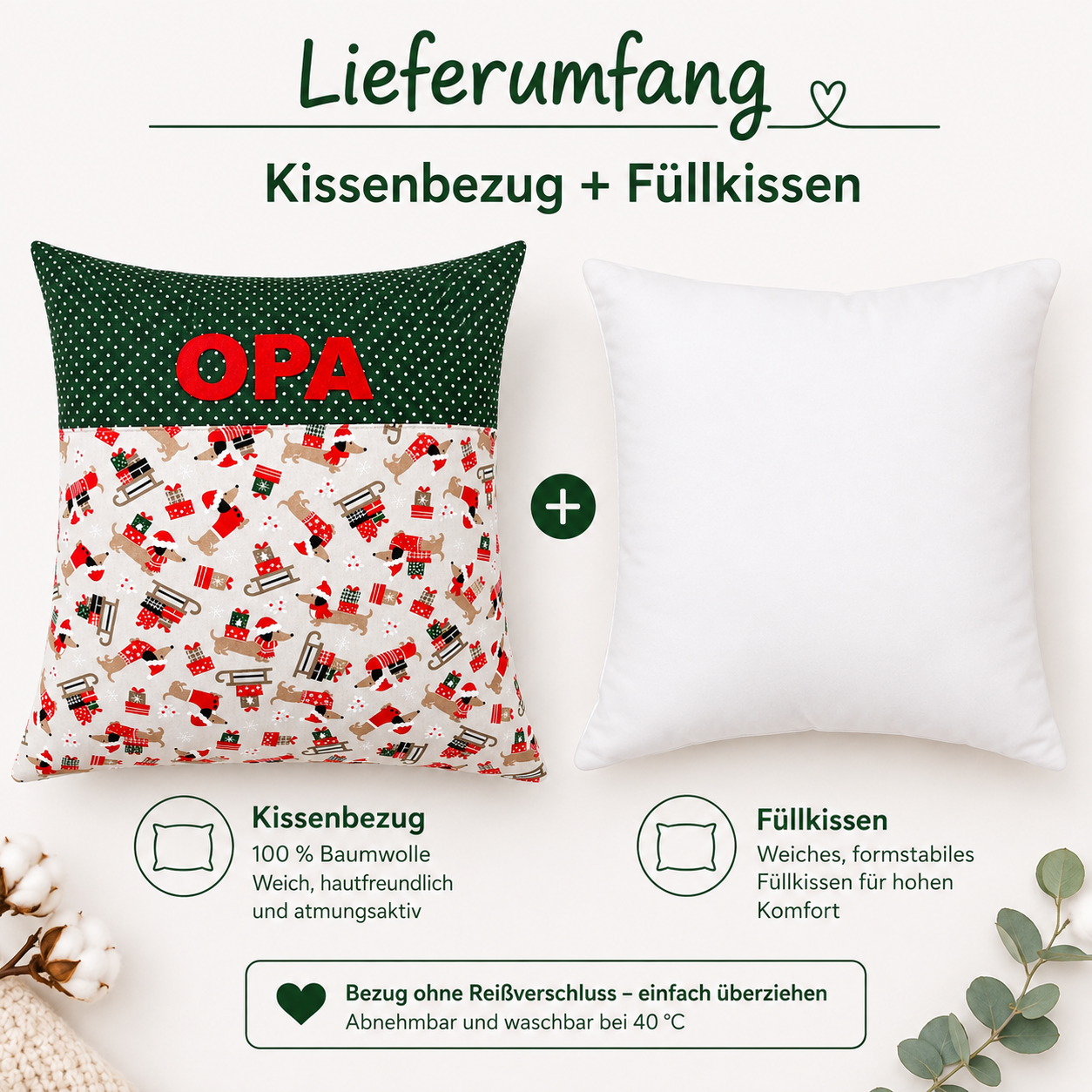 Weihnachtskissen für Opa mit Dackel – personalisierbar