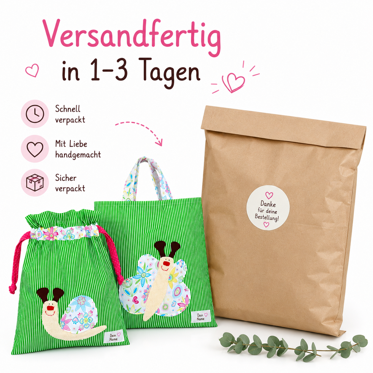Wetbagset Mädchen Schnecke & Schmetterling – Kindergartenset mit Namen