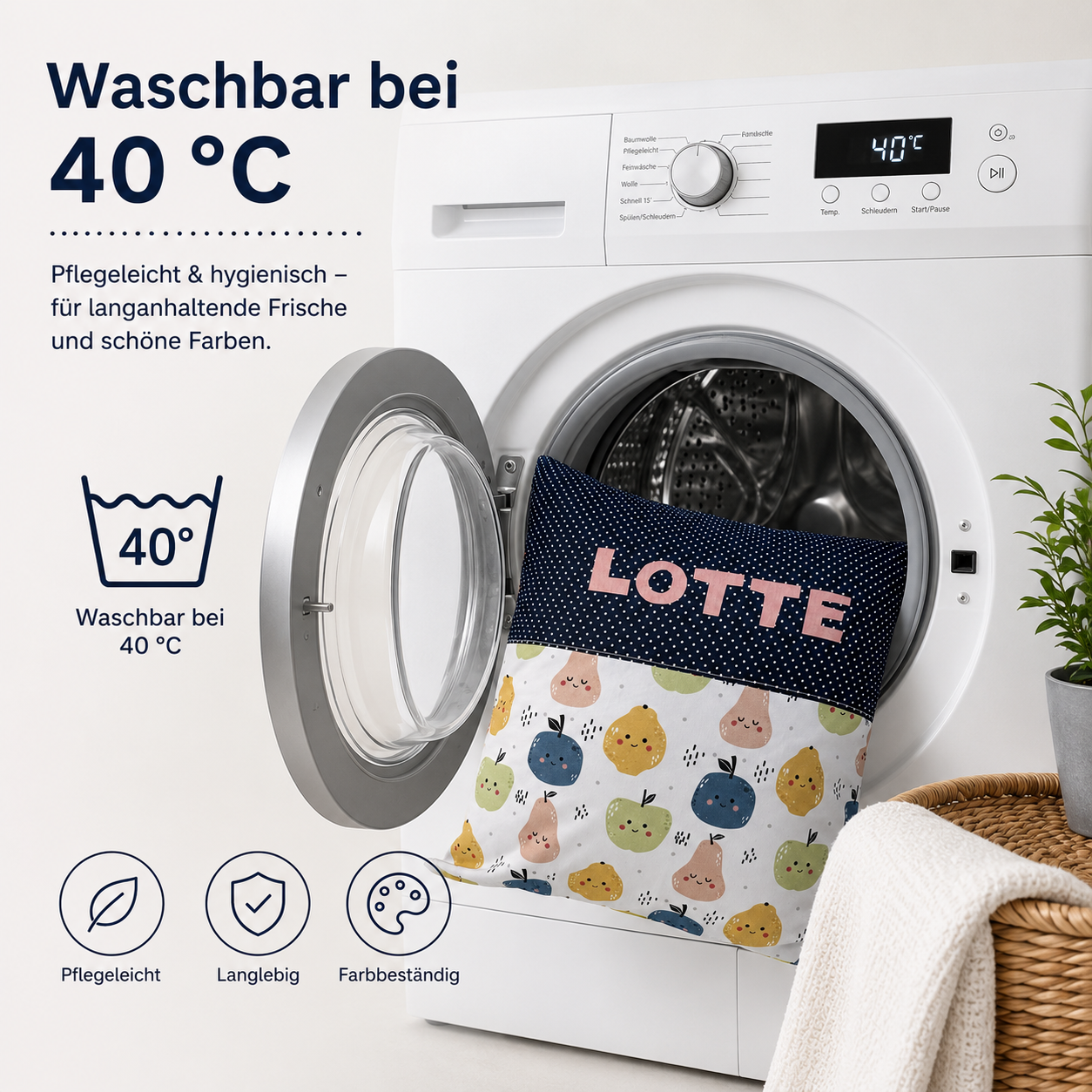 Kissen mit Namen Früchte | Personalisiertes Kinderkissen 40x40 cm | Geschenk für Kinder