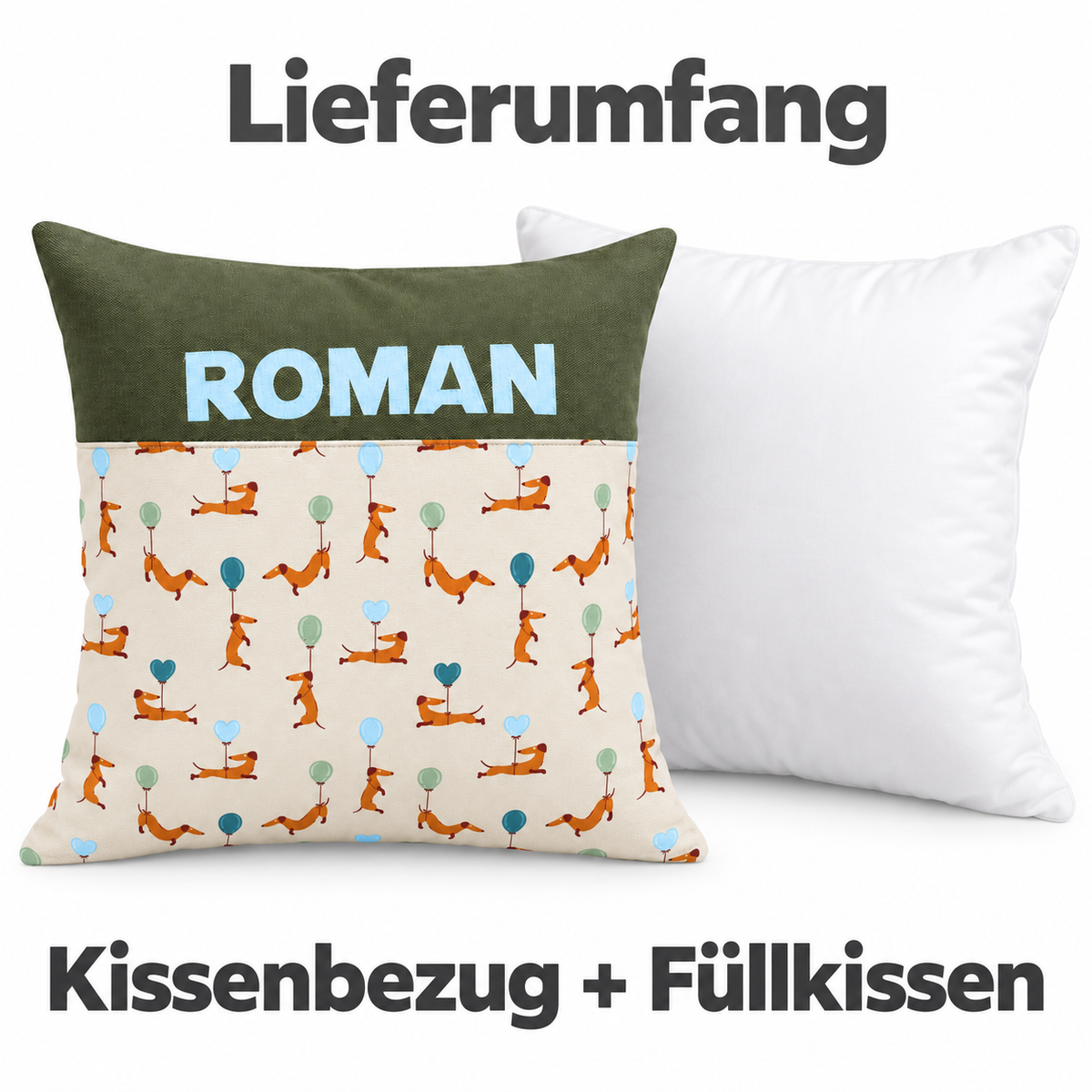 Dackelkissen mit Namen – personalisiertes Kinderkissen 40 × 40 cm