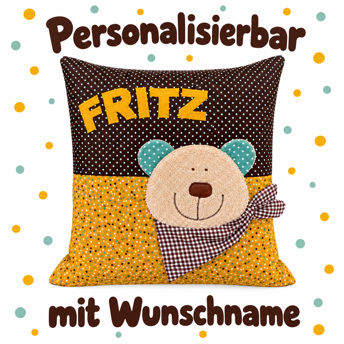 Bärenkissen mit Namen – personalisiertes Kissen Bär, 40 × 40 cm