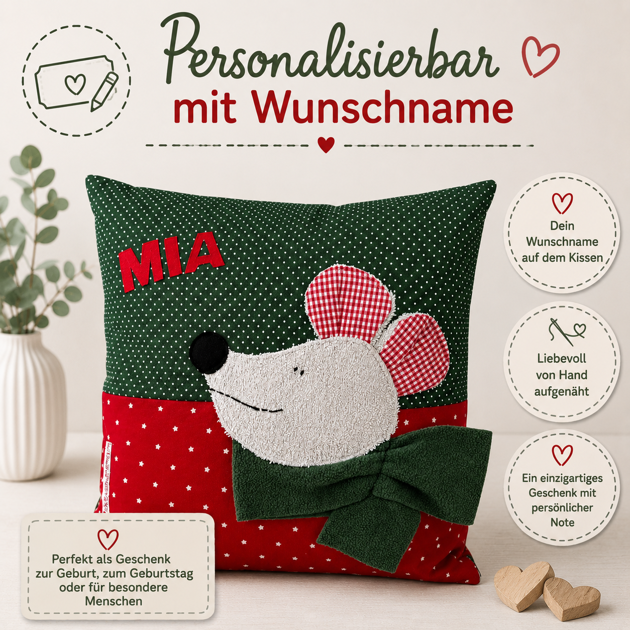 Kuschelkissen Maus personalisiert | Weihnachtsgeschenk für Kinder 40x40 cm