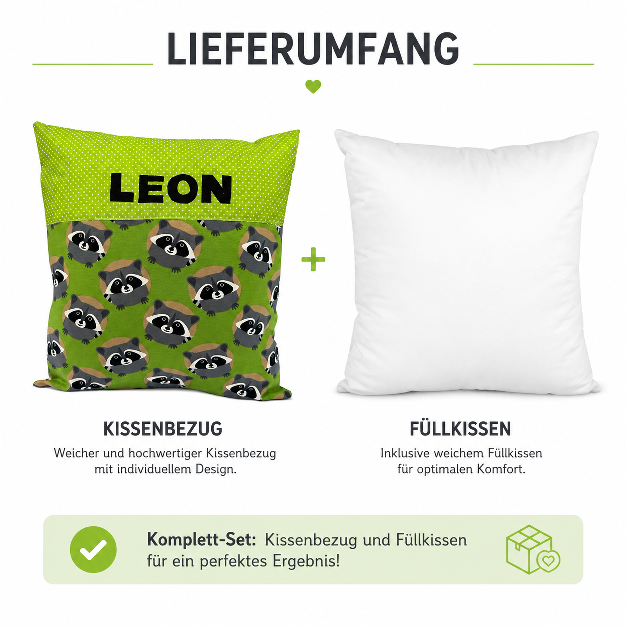 Waschbär Kissen mit Namen personalisiert – Kinderkissen 40x40 cm