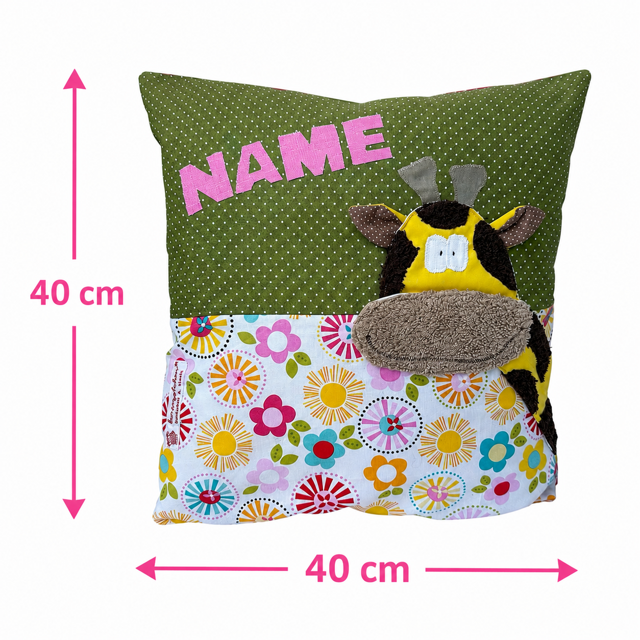 Personalisiertes Kinderkissen Giraffe mit Größenangabe 40x40cm