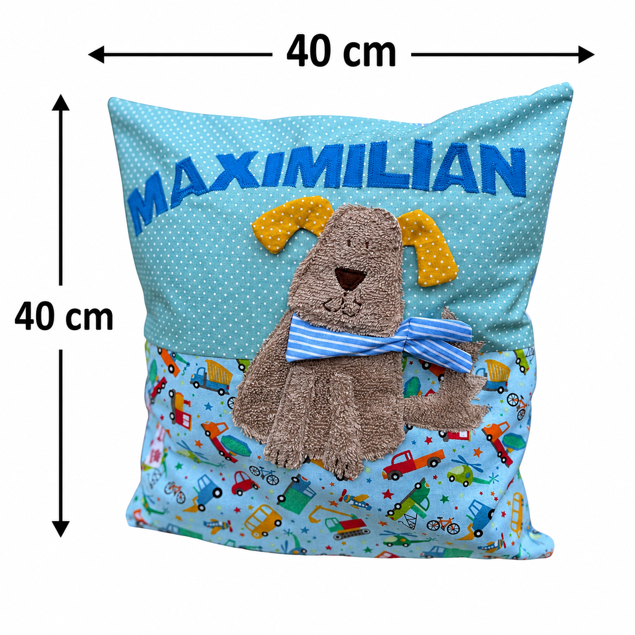 Kissen Hund mit Namen Hellblau Fahrzeuge – Personalisiertes Kinderkissen 40x40 cm | Geschenk zur Geburt