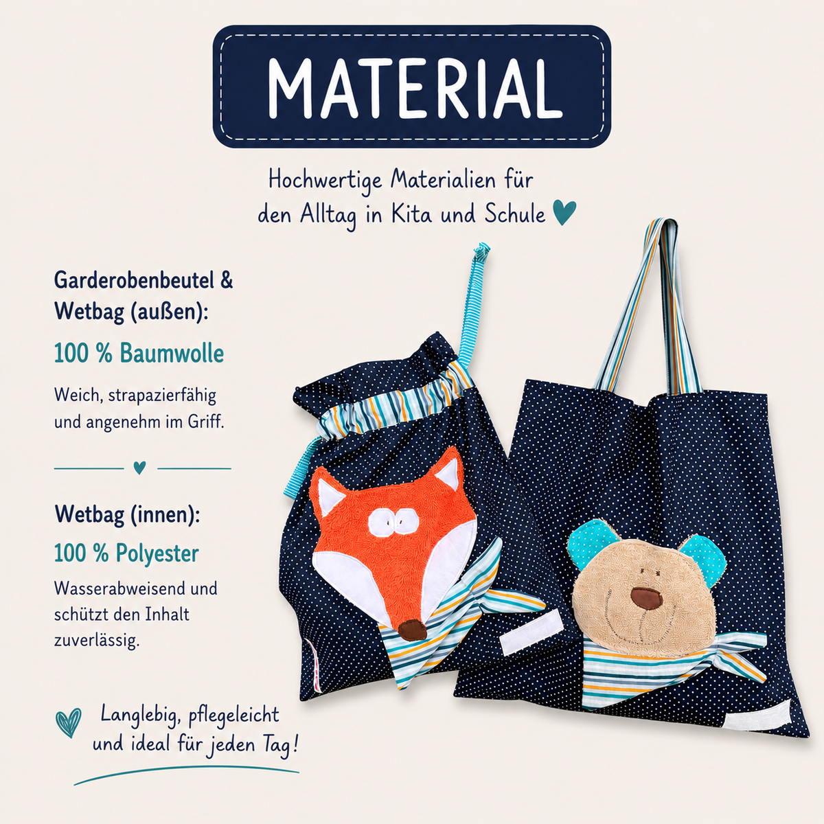Kindergartenset Fuchs & Bär | Wetbag & Garderobenbeutel | Geschenk zum Kindergartenstart