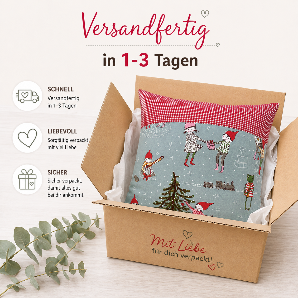 Weihnachtskissen Wichtel 40x40 cm | Handgenähtes Dekokissen aus Baumwolle