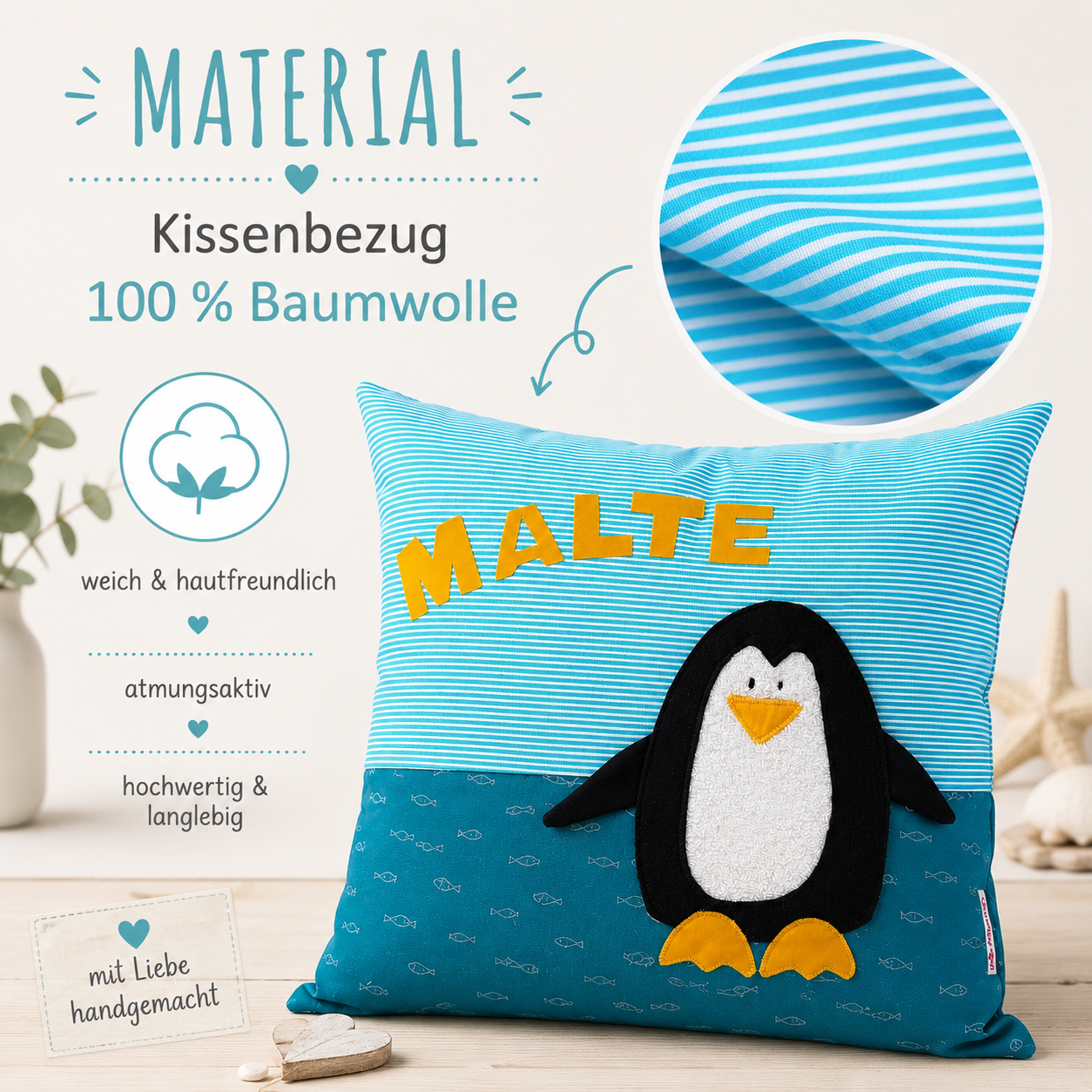 Kissen Pinguin personalisiert | Weihnachtsgeschenk Kind | Karingelchen