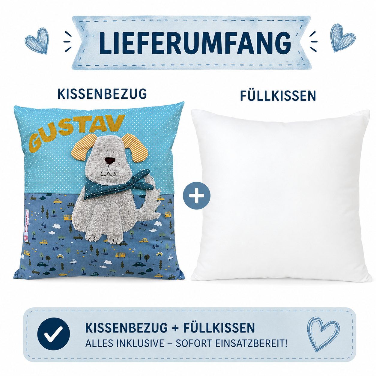 Kissen Hund mit Namen – Personalisiertes Kinderkissen 40x40 cm in Rauchblau | Geschenk zur Geburt, Taufe & 1. Geburtstag
