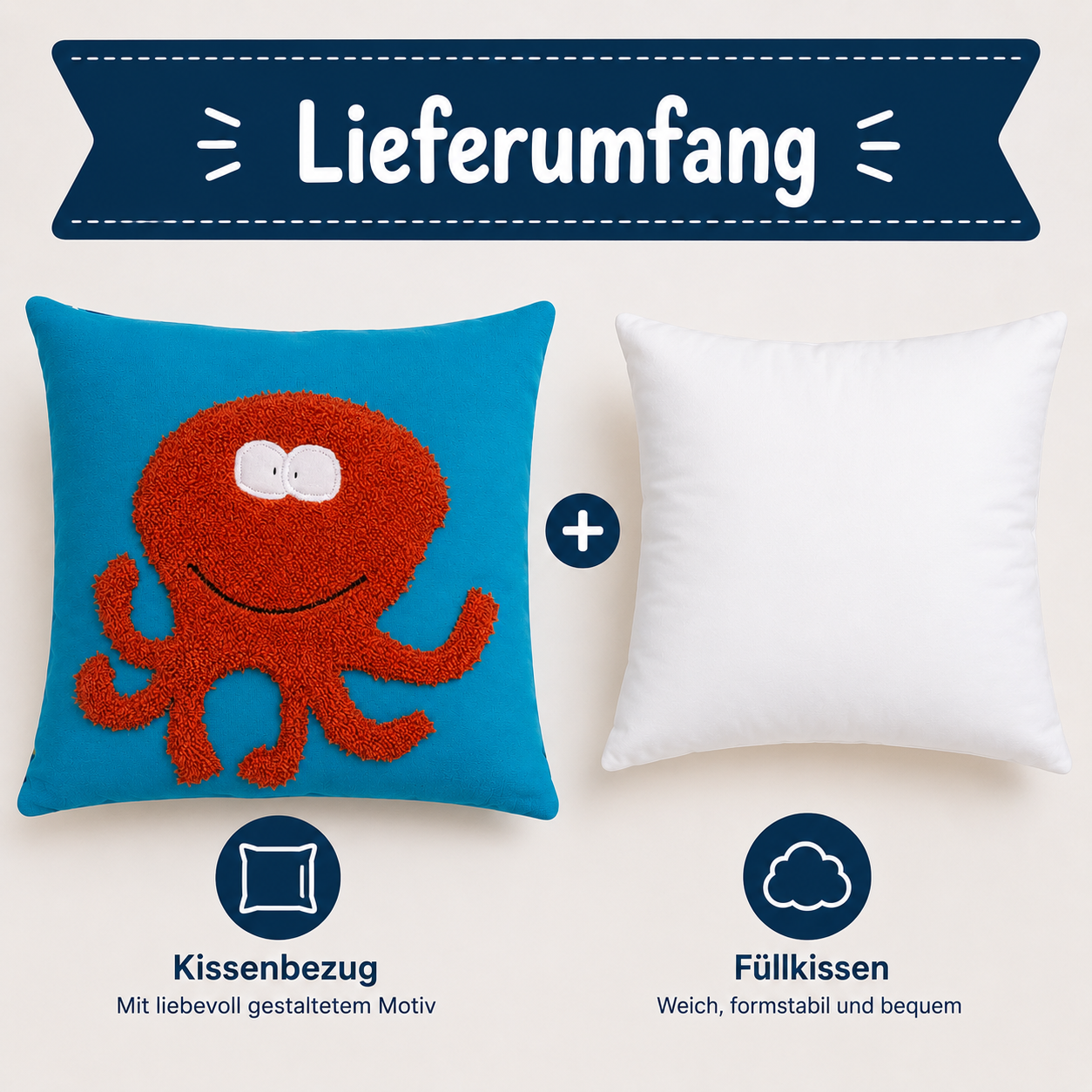 Reisekissen Tintenfisch 30x30 cm – Handgenähtes Kinderkissen für Auto, Urlaub & Ausflüge