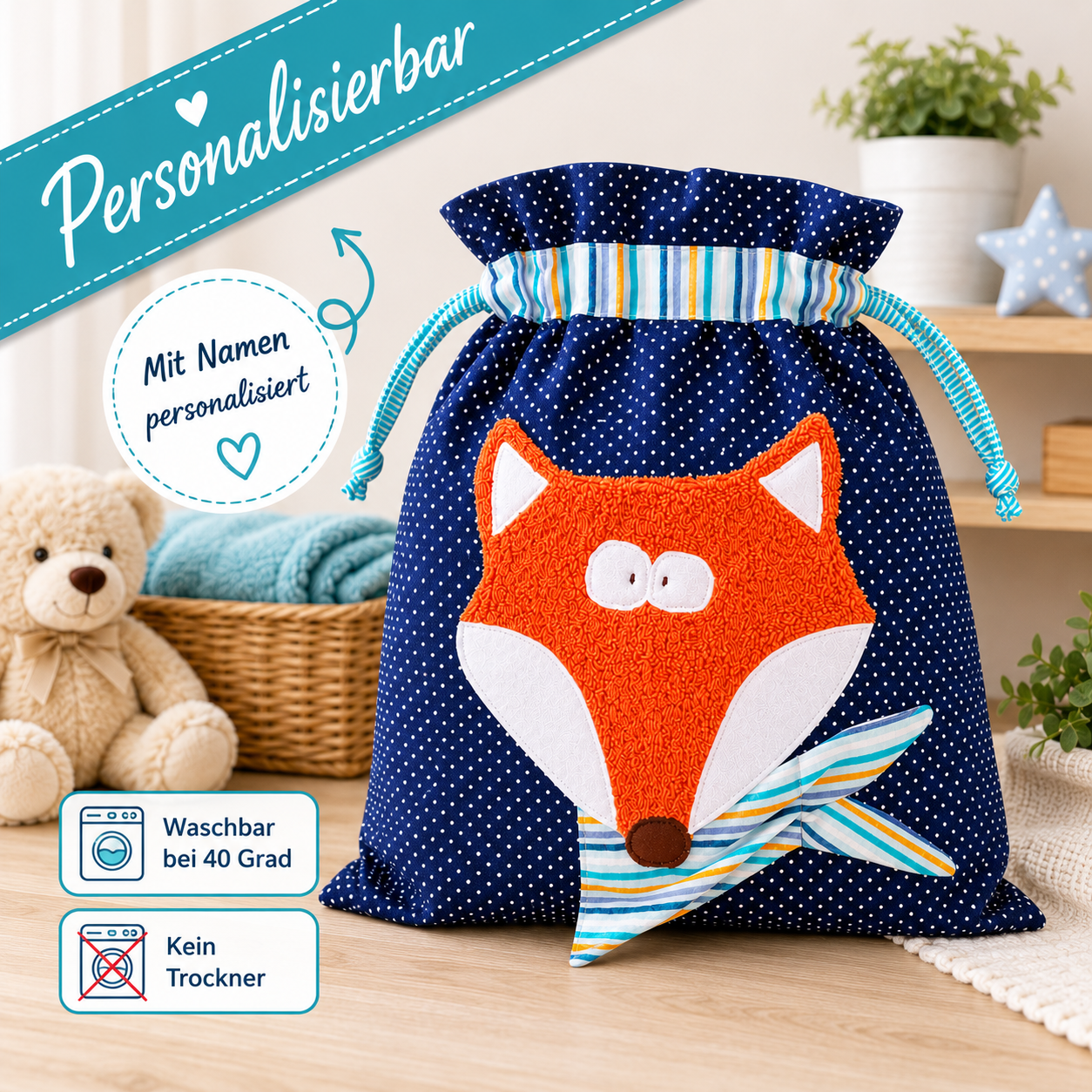 Wetbag mit Fuchs – Wiederverwendbare Nasstasche für Kinder & Babys
