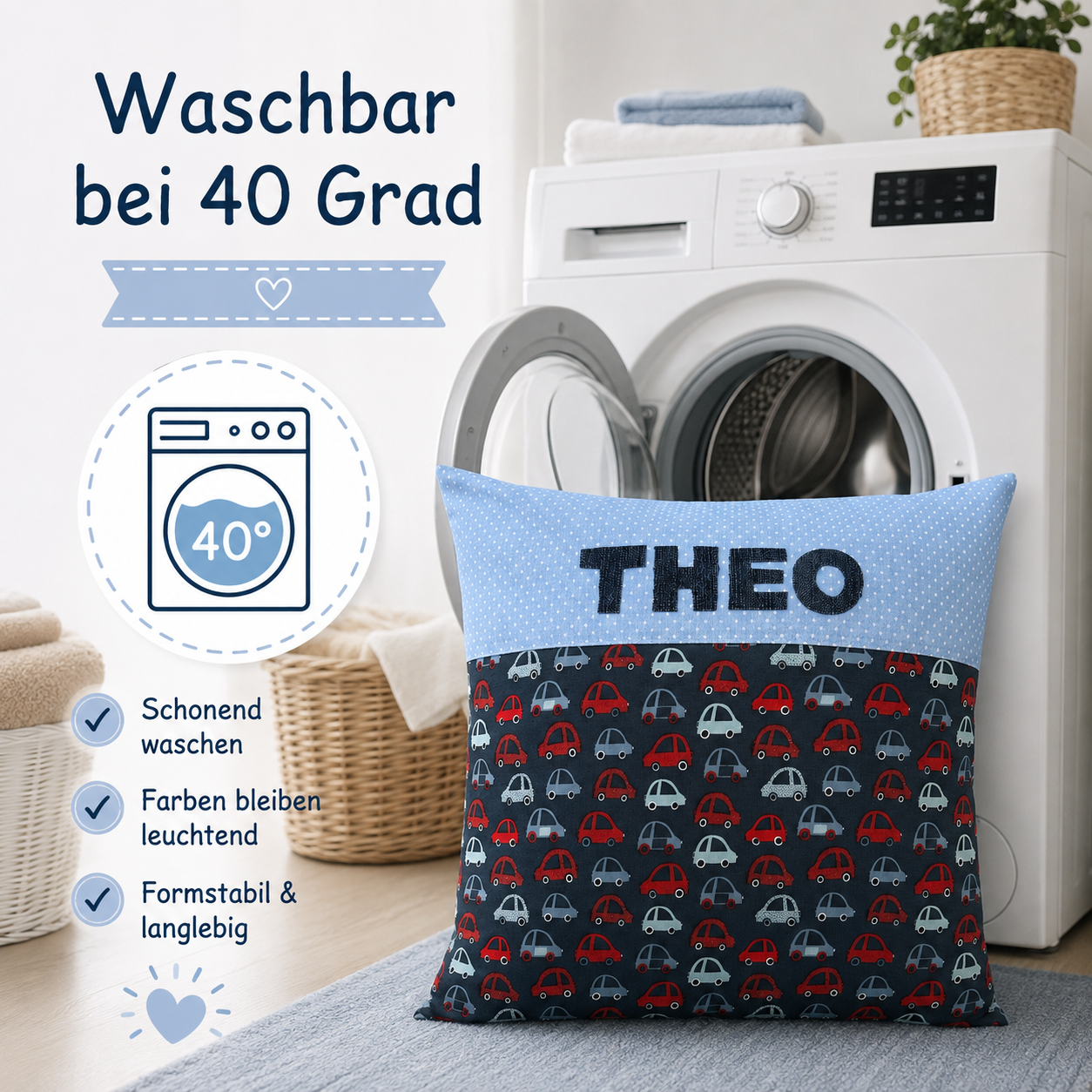 Kissen mit Namen Autos – Personalisiertes Kinderkissen für Jungen 40x40 cm