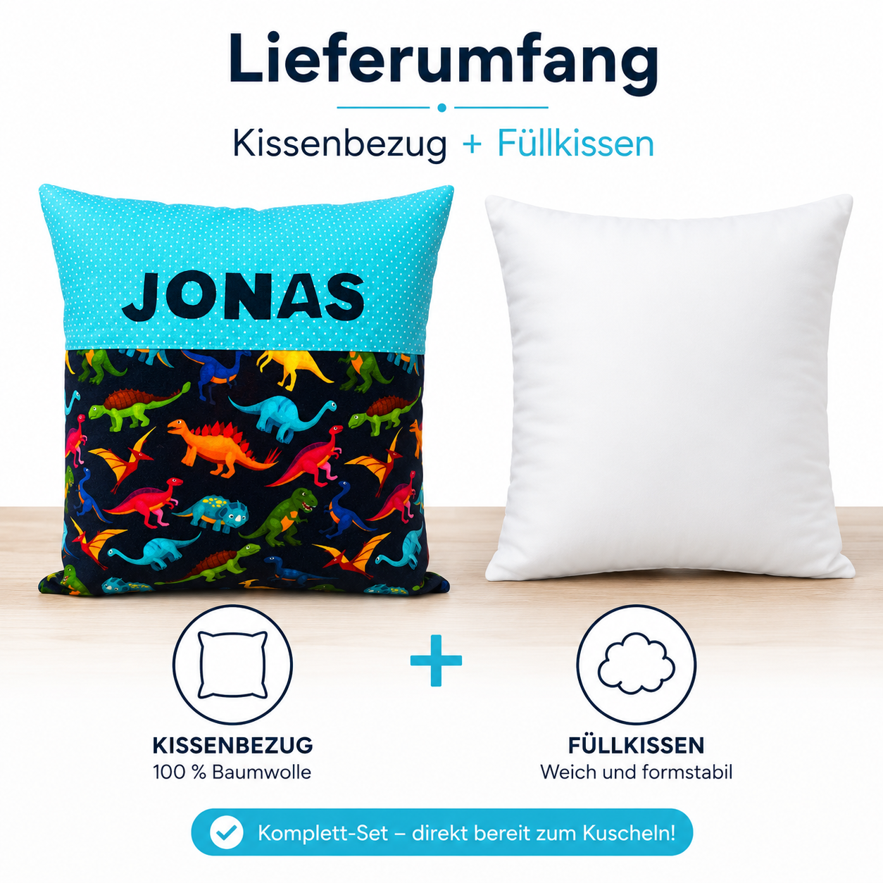 Kissen mit Namen Dino | Personalisiertes Kinderkissen 40x40 cm | Geschenk für Jungen