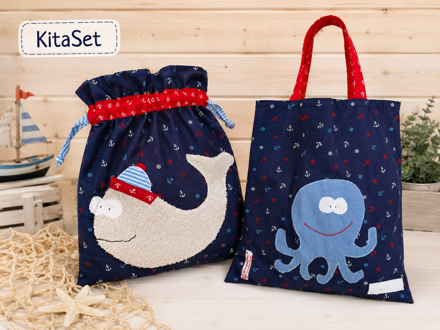 Wetbagset Wal & Tintenfisch | KitaSet mit Wetbag & Garderobenbeutel | personalisierbar