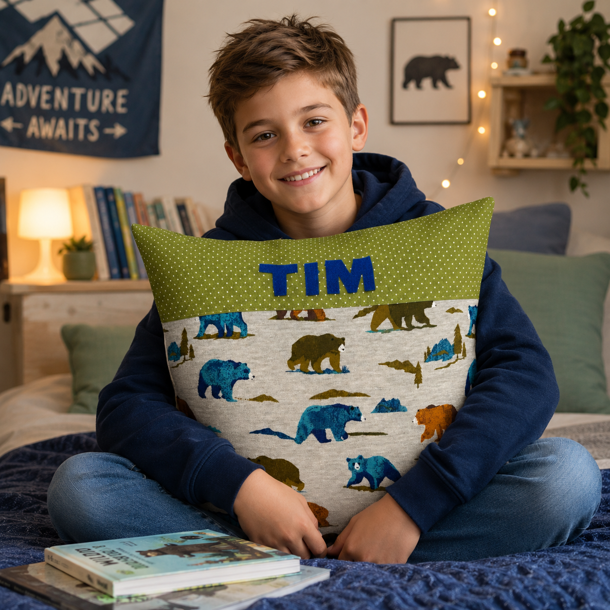 Kissen mit Namen Bären | Personalisiertes Kinderkissen 40x40 cm | Geschenk für Jungen