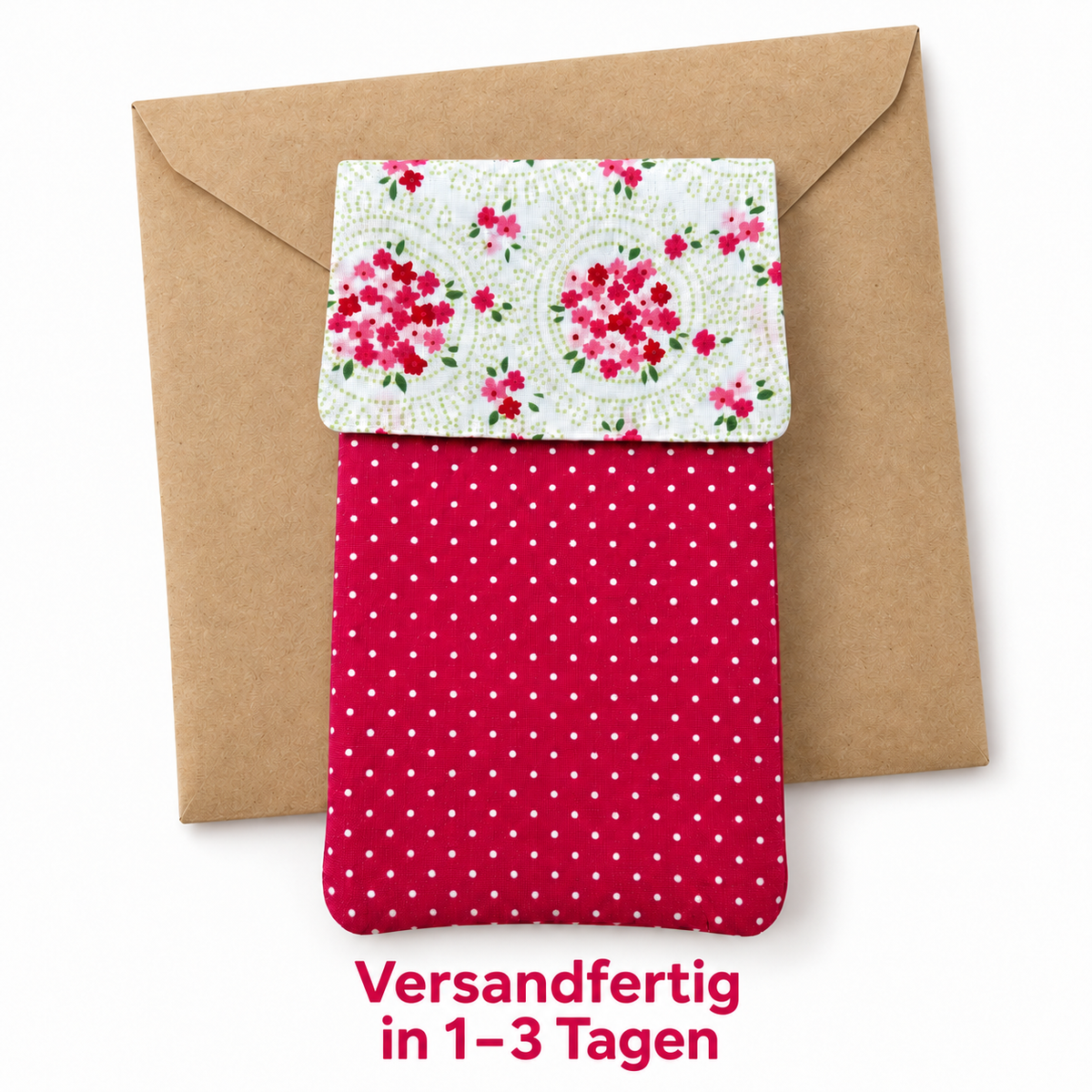 Handytasche aus Stoff – gepolstert, mit Blumen & Punkten in Pink