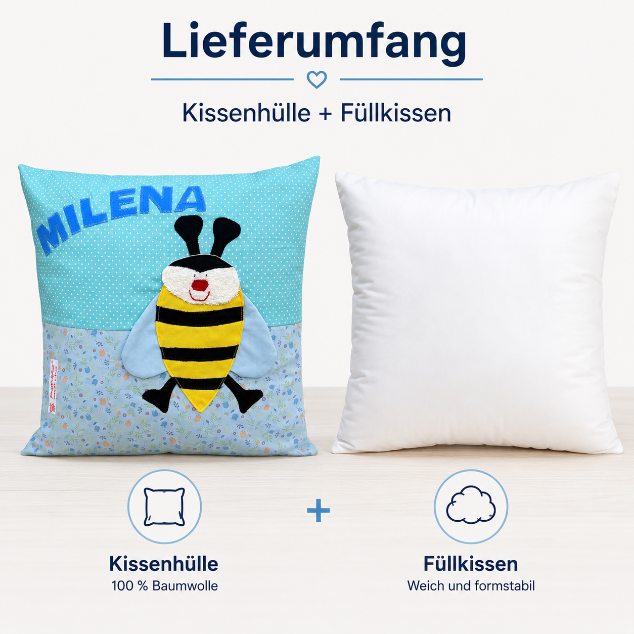 Kissen personalisiert mit Namen Biene | Handgemachtes Kinderkissen | Geschenk zum 1. Geburtstag