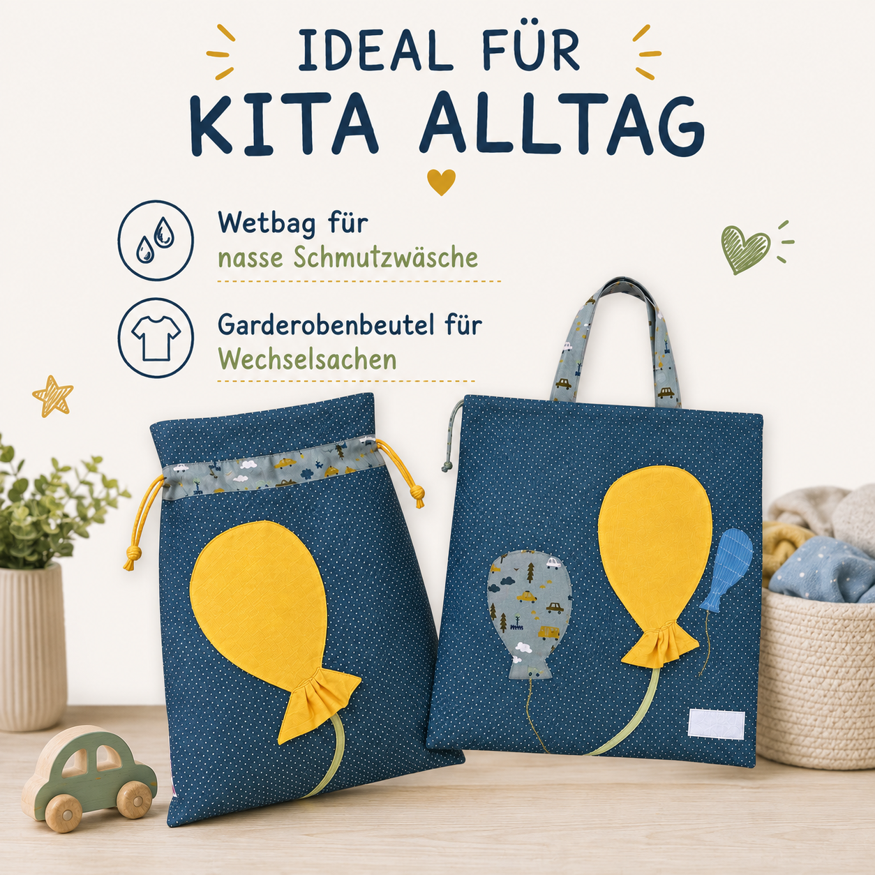 Wetbagset Junge mit Luftballons – Kindergartenset personalisierbar