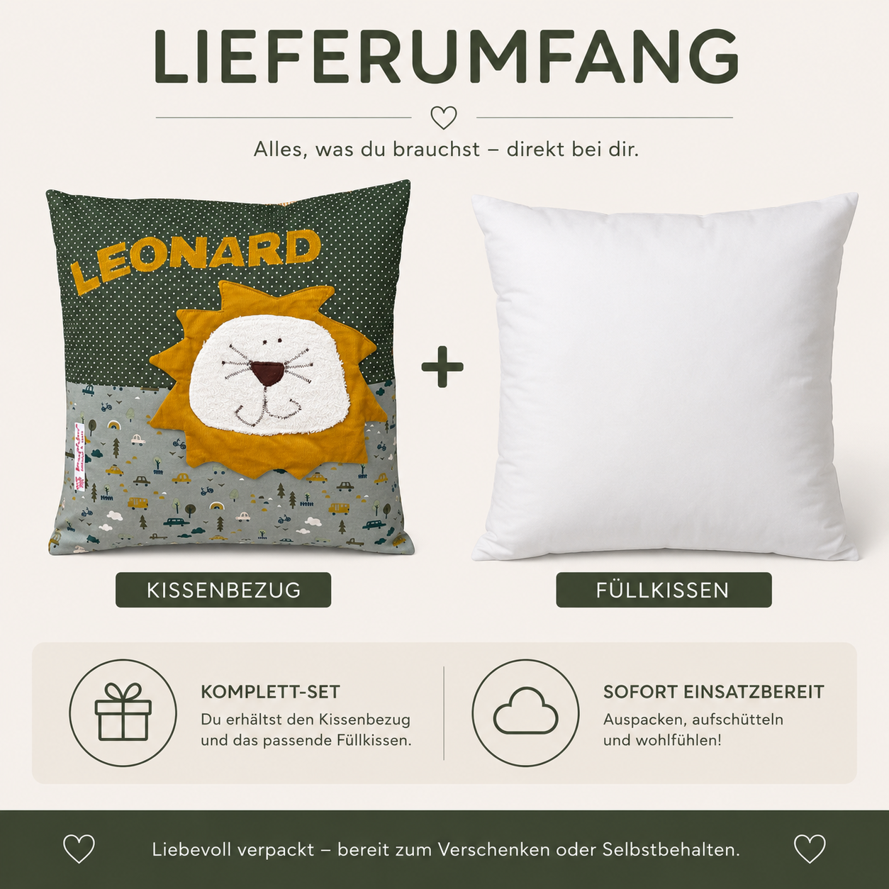 Personalisierte Kissen Löwe mit Namen dunkelgrün | Geschenk zur Geburt & Taufe
