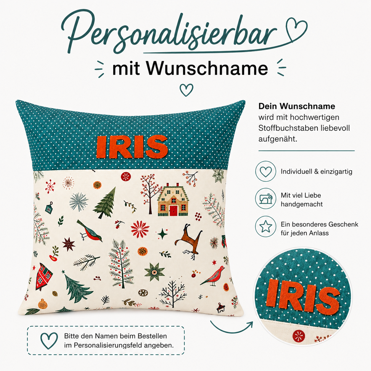 Personalisiertes Weihnachtskissen mit Namen – Geschenk für Frauen
