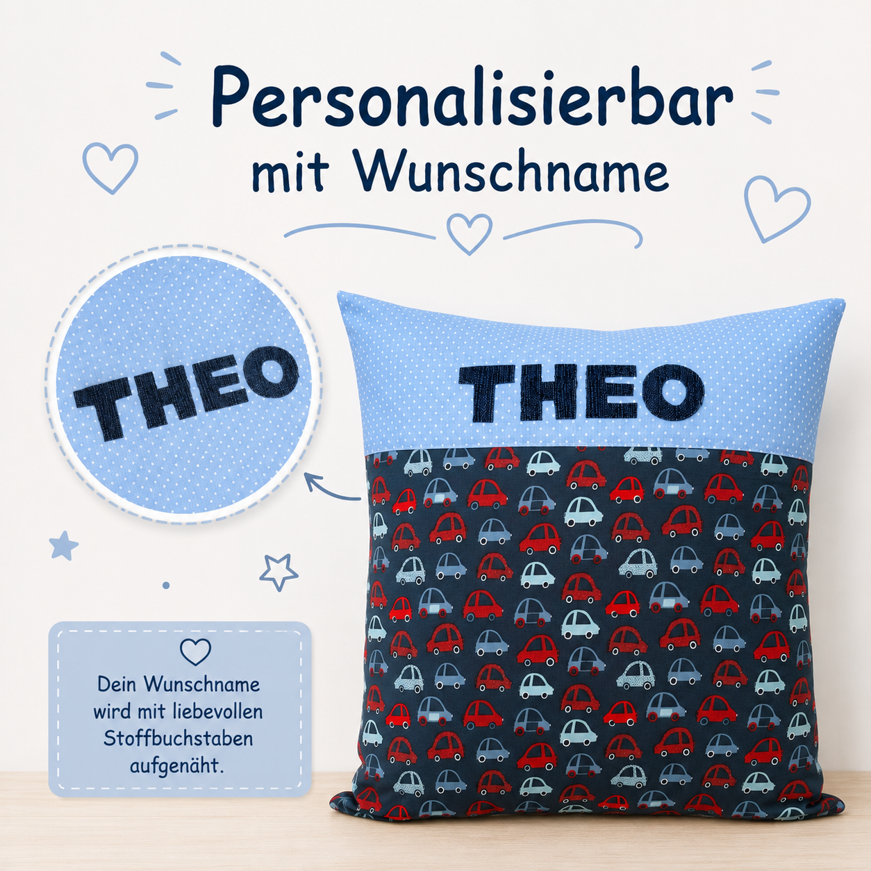 Kissen mit Namen Autos – Personalisiertes Kinderkissen für Jungen 40x40 cm