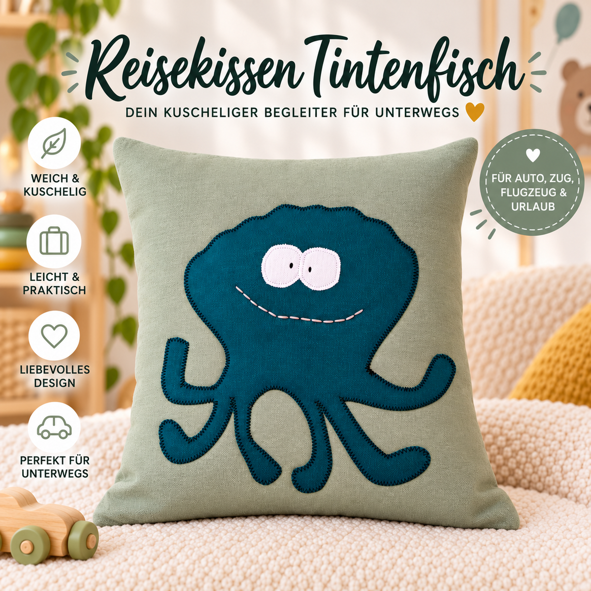 Reisekissen Tintenfisch 30 × 30 cm – Salbei & Petrol