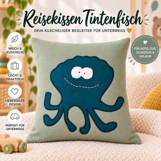 Reisekissen Tintenfisch 30 × 30 cm – Salbei & Petrol