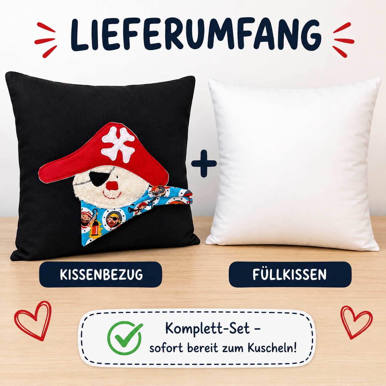 Reisekissen Pirat 30x30 cm – Handgenähtes Kinderkissen für Auto, Urlaub & Kindergarten