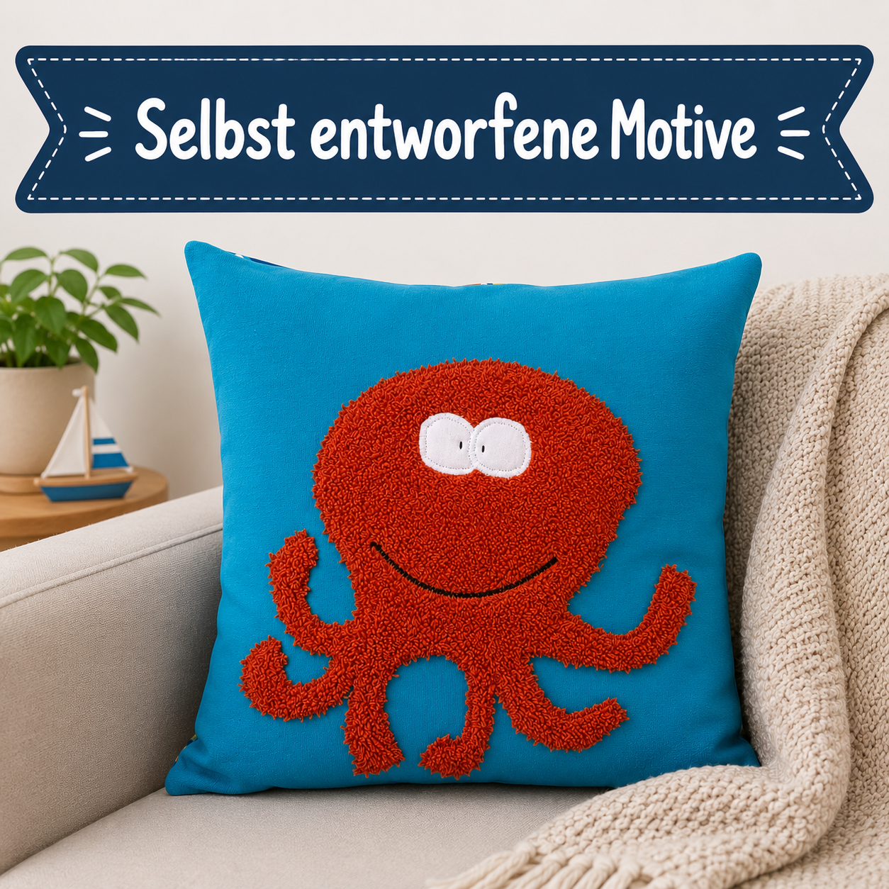 Reisekissen Tintenfisch 30x30 cm – Handgenähtes Kinderkissen für Auto, Urlaub & Ausflüge