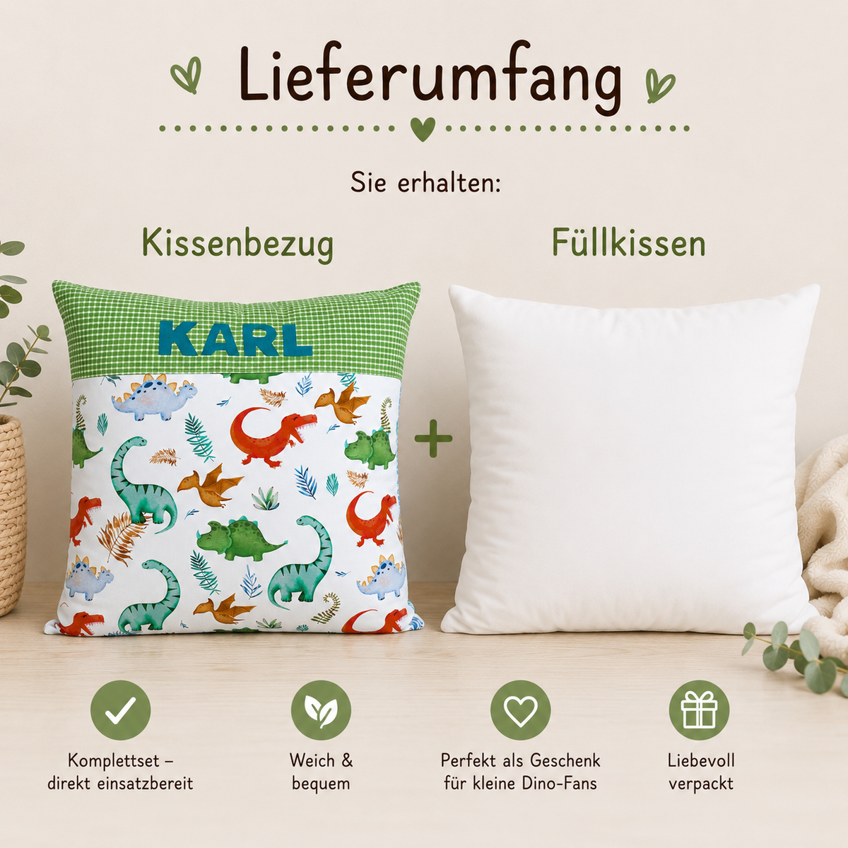 Kissen mit Namen Dino | Personalisiertes Kinderkissen 40x40 cm | Geschenk für Jungen