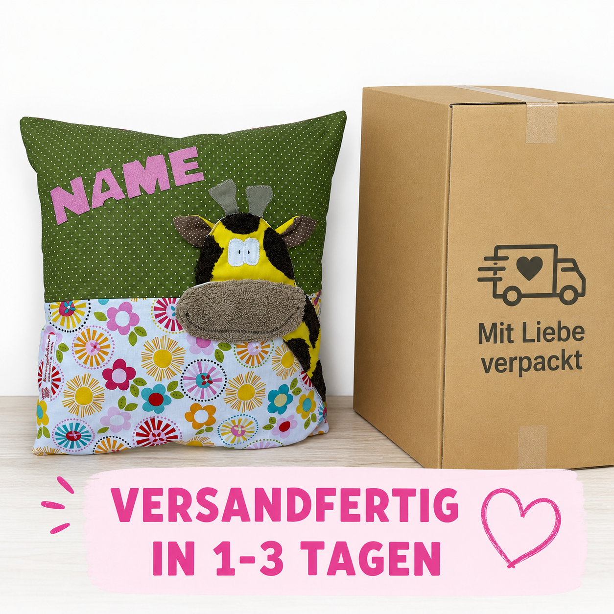 Personalisiertes Kissen Giraffe mit Namen – Handmade Kinderkissen 40x40 cm aus Baumwolle | Geschenk zur Geburt & Taufe