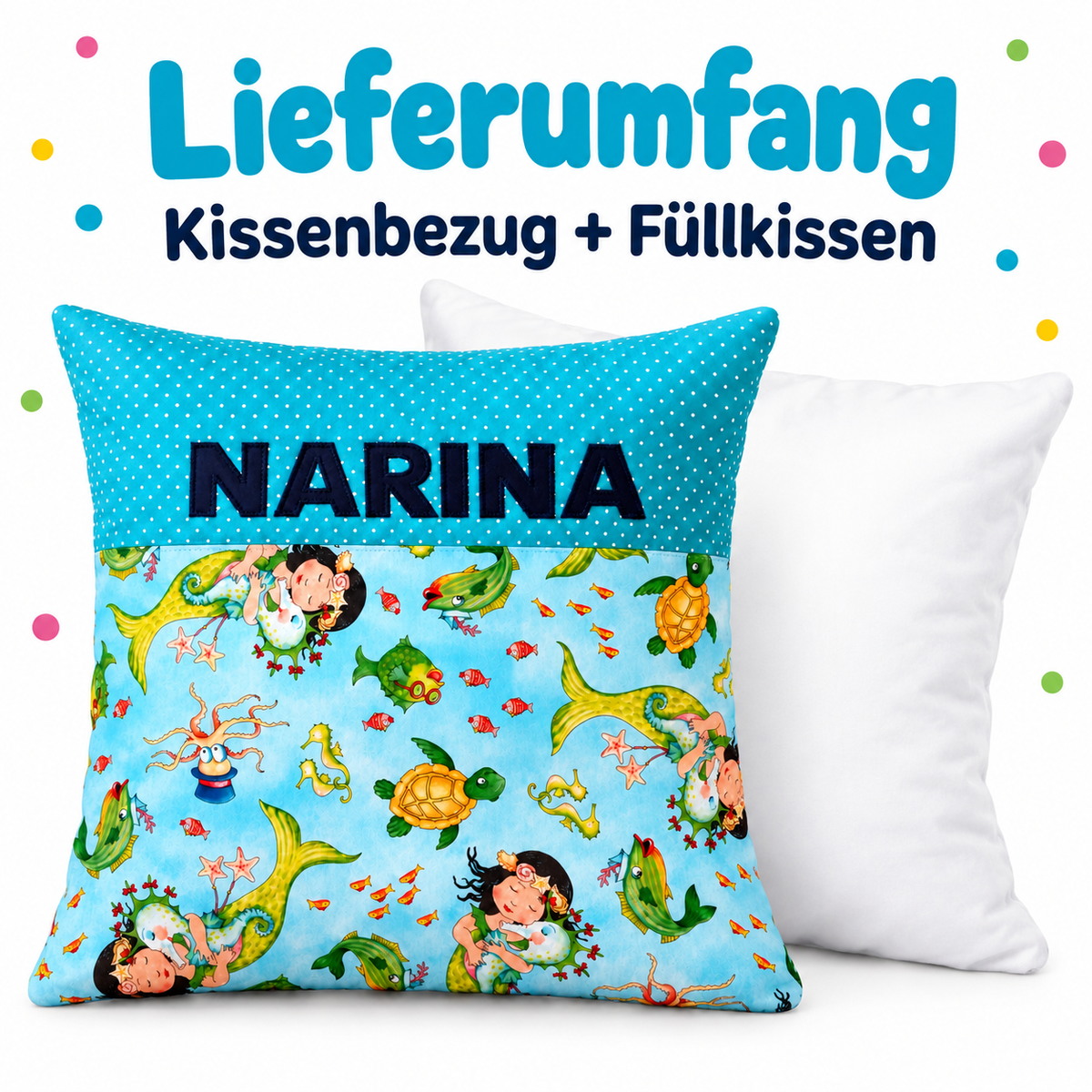 Meerjungfrau-Kissen mit Namen – personalisiert, 40 × 40 cm