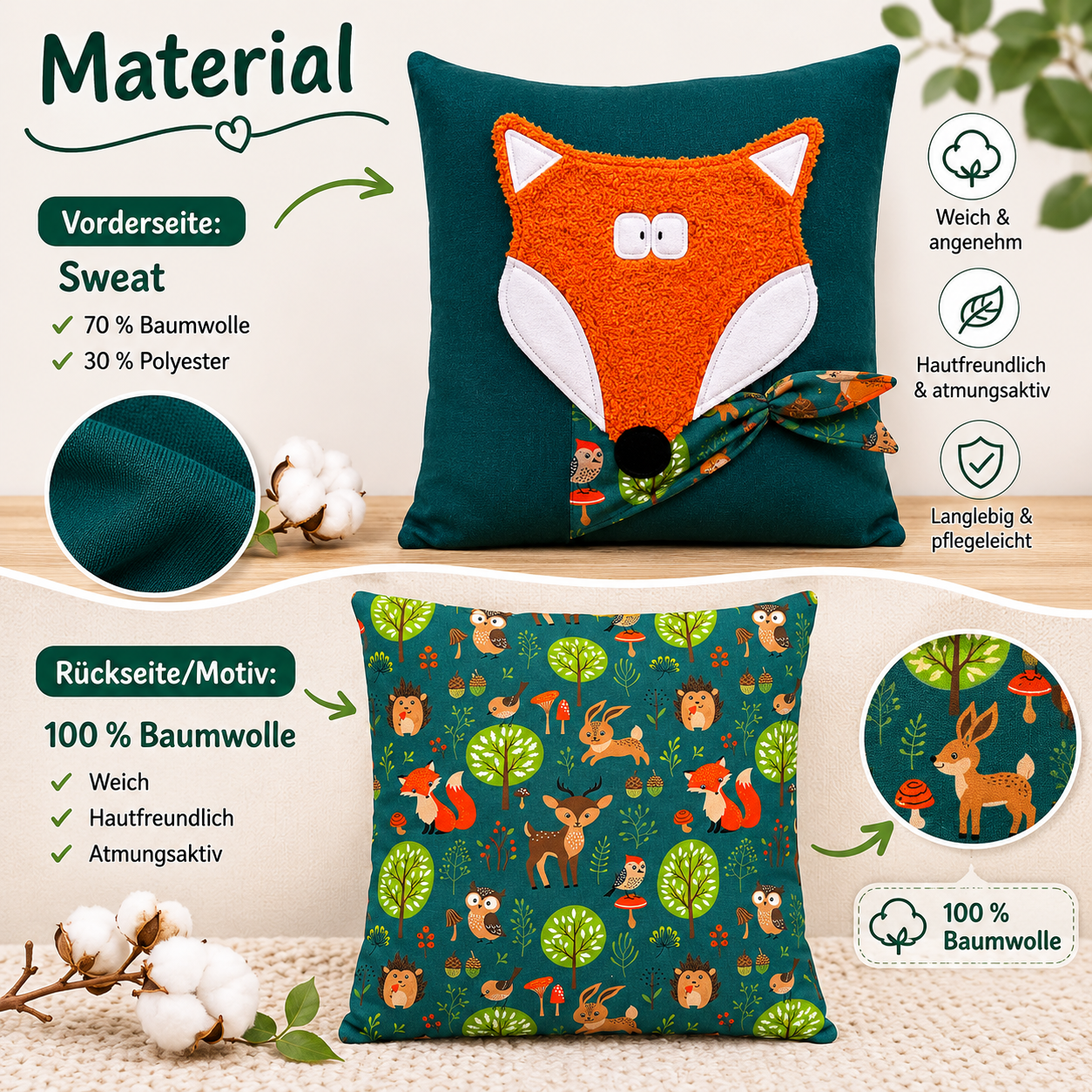 Reisekissen Fuchs 30x30 cm – Handgemachtes Kinderkissen für Auto, Urlaub & Ausflüge