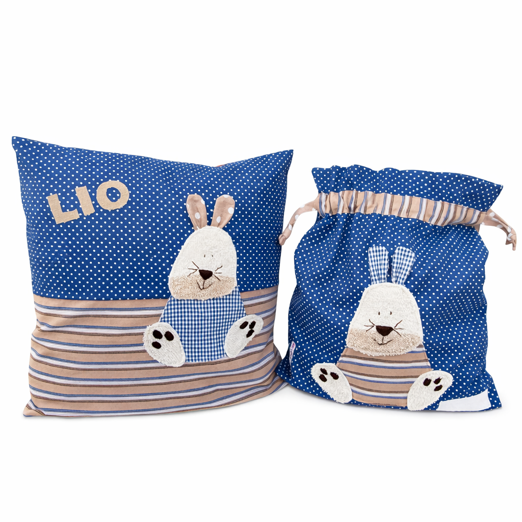 Kita-Set Hase blau/hellbraun mit Namen – Handmade Geschenk zum Kindergartenstart