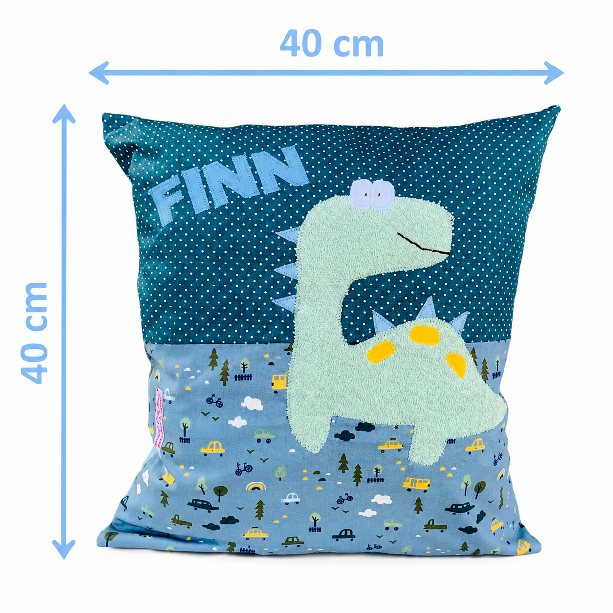 „Kuschelkissen Dino mit Name – Handgemachtes Namenskissen 40x40 cm, Geschenkidee für Kinderzimmer“
