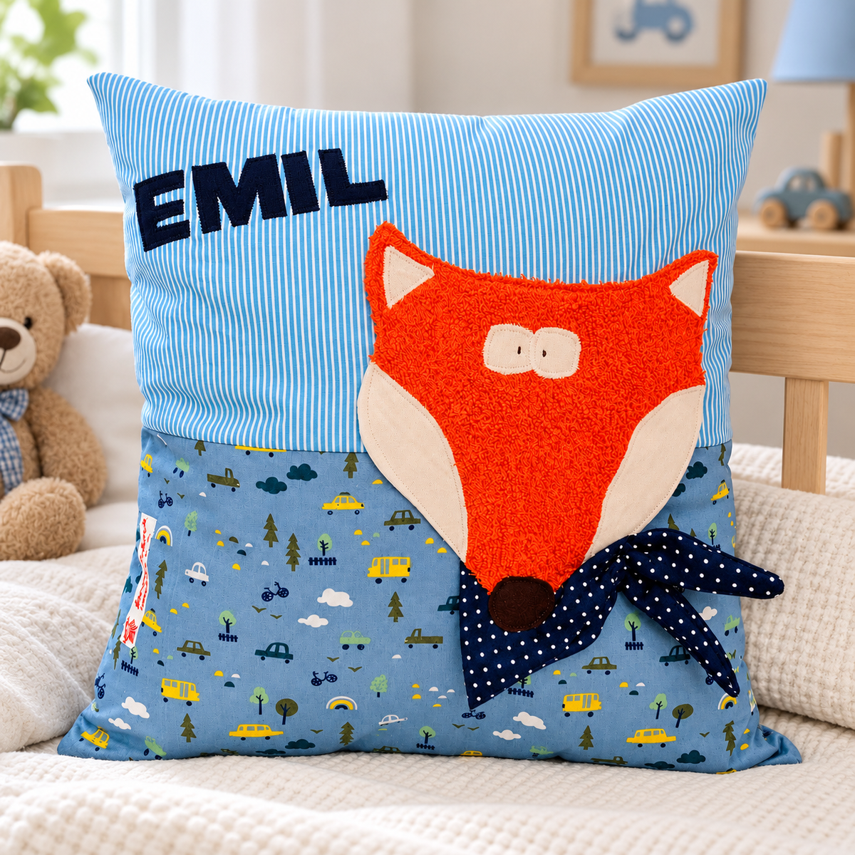 Fuchskissen mit Namen – personalisiertes Kinderkissen 40×40 cm