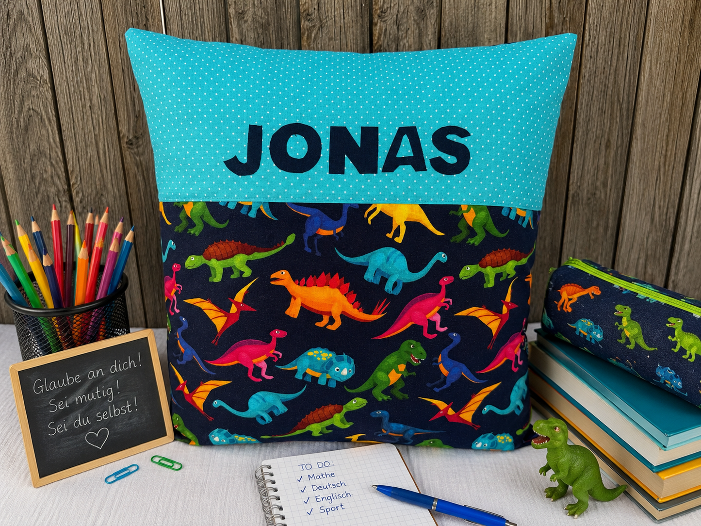 Kissen mit Namen Dino | Personalisiertes Kinderkissen 40x40 cm | Geschenk für Jungen