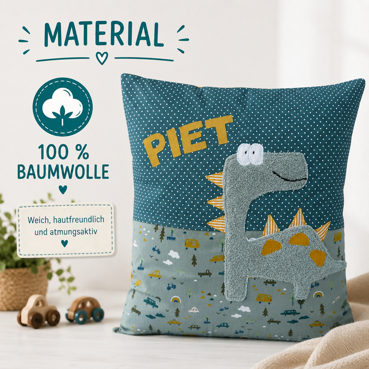 Dino Kuschelkissen für Jungen personalisiert mit Namen