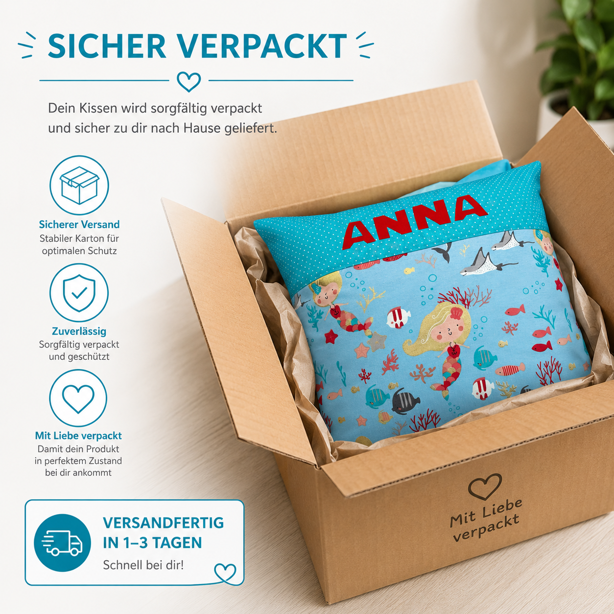 Meerjungfrau Kissen mit Namen personalisiert – Kinderkissen 40x40 cm aus Baumwolle