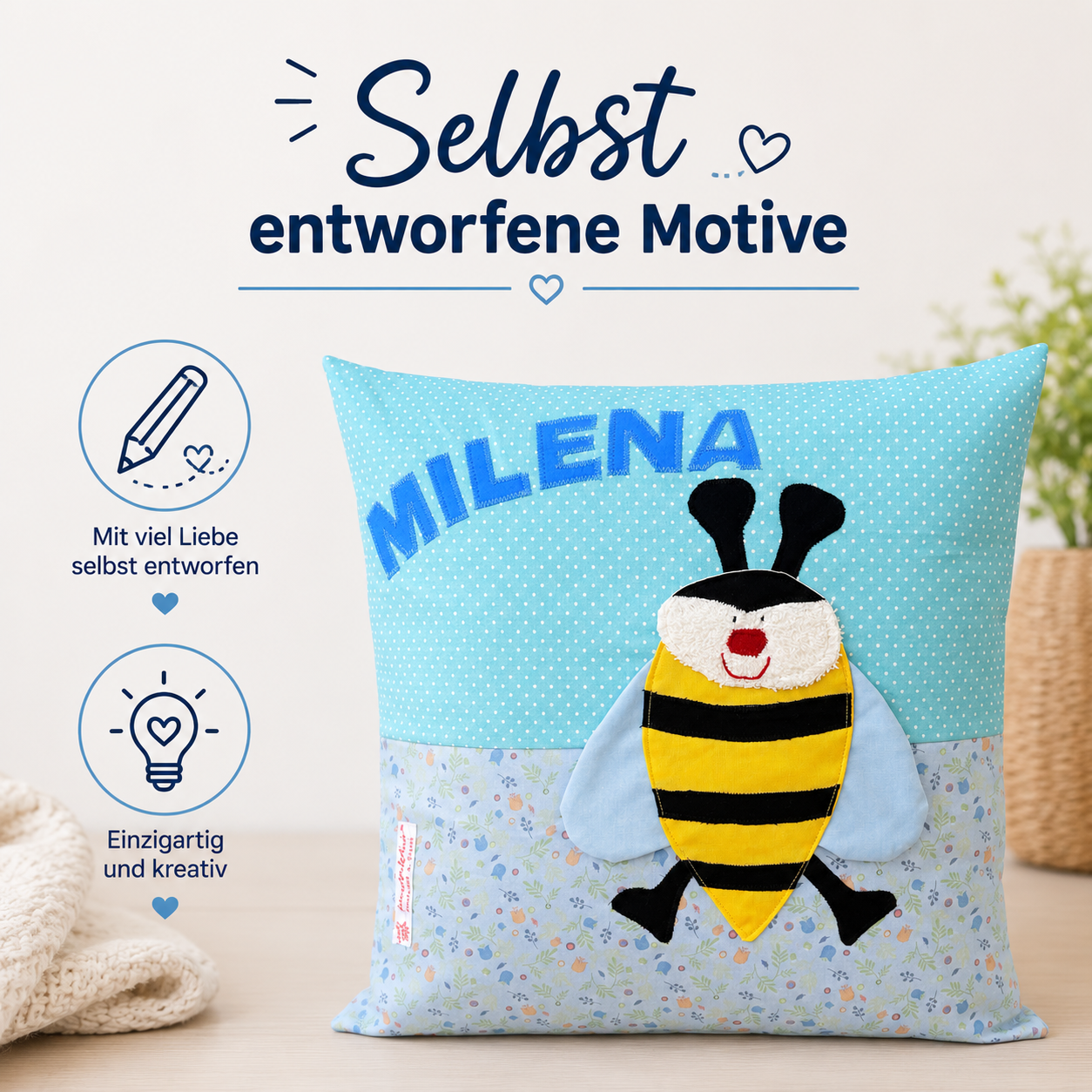 Kissen personalisiert mit Namen Biene | Handgemachtes Kinderkissen | Geschenk zum 1. Geburtstag