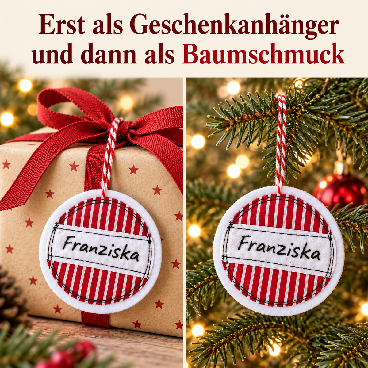 Personalisierter Weihnachtsanhänger mit Namen – Rot-Weiß