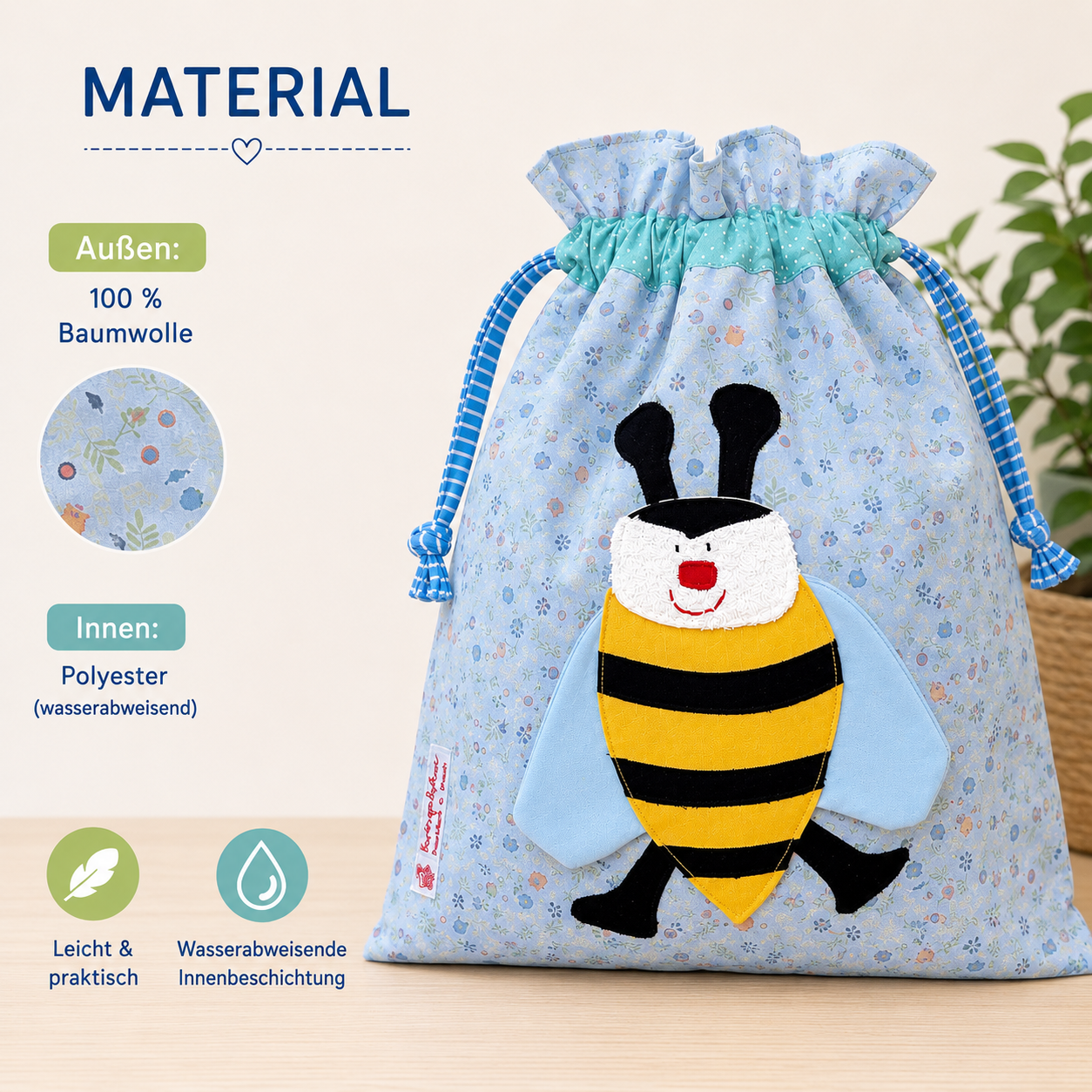 Wetbag „Biene“ – handgemacht, wasserabweisend, ideal für Kita, Sport & Reisen