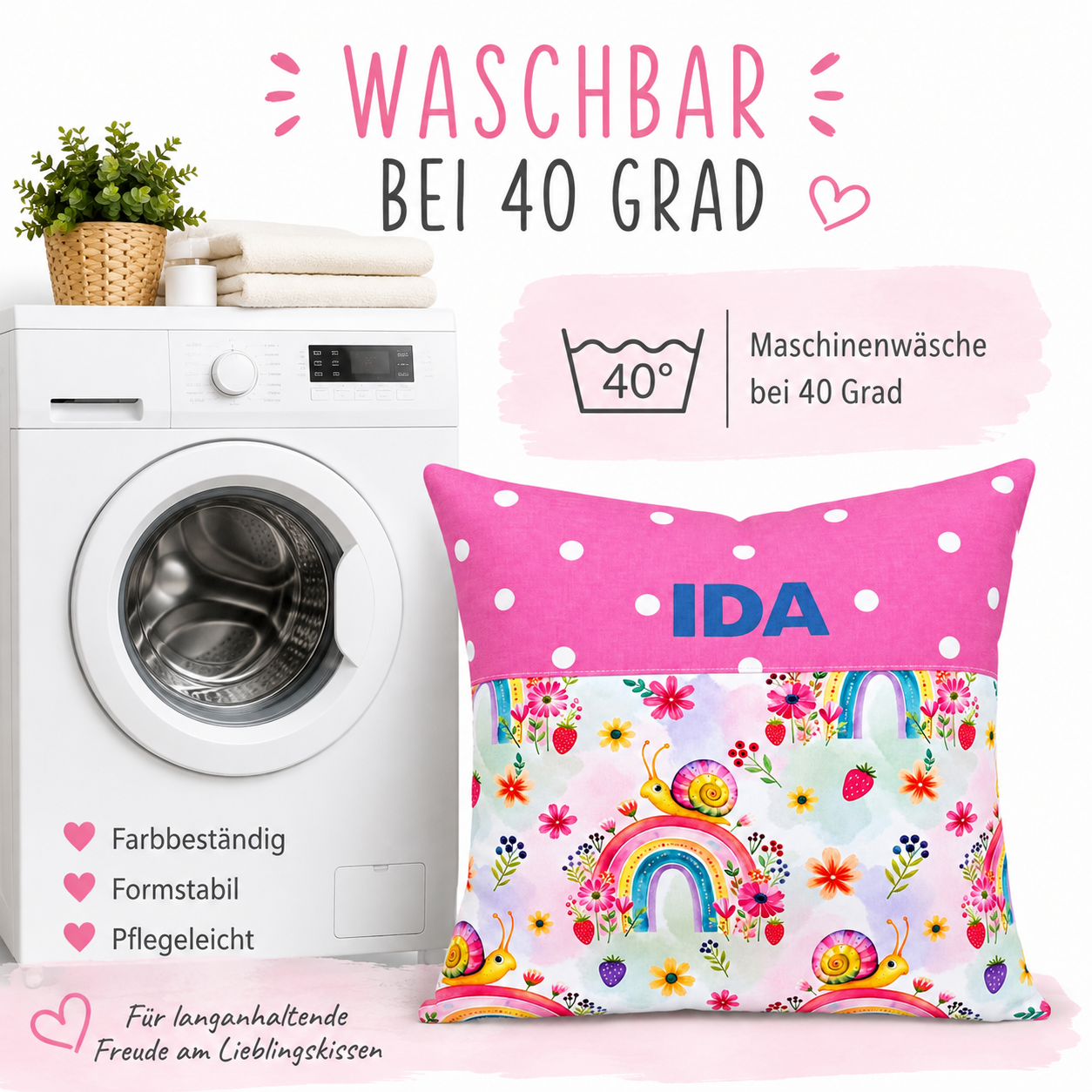 Kissen mit Namen Mädchen – Rosa mit Schnecke & Regenbogen