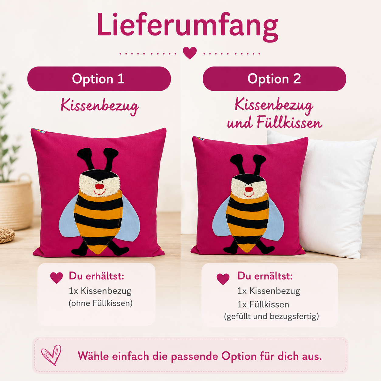 Reisekissen für Mädchen mit Biene – Kuschelkissen Pink 30x30 cm | Handgemachtes Kinderkissen