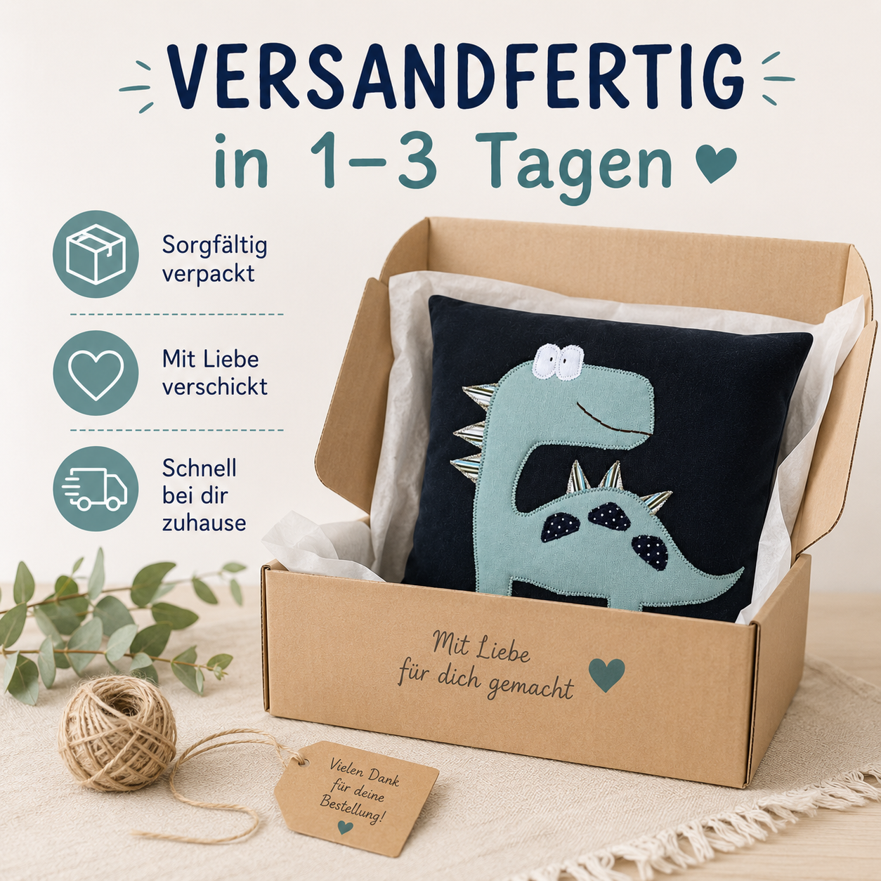 Reisekissen für Jungs Dino – Handgenähtes Dinokissen 30x30 cm | Sinnvolles Geschenk für 2-jährige Jungen