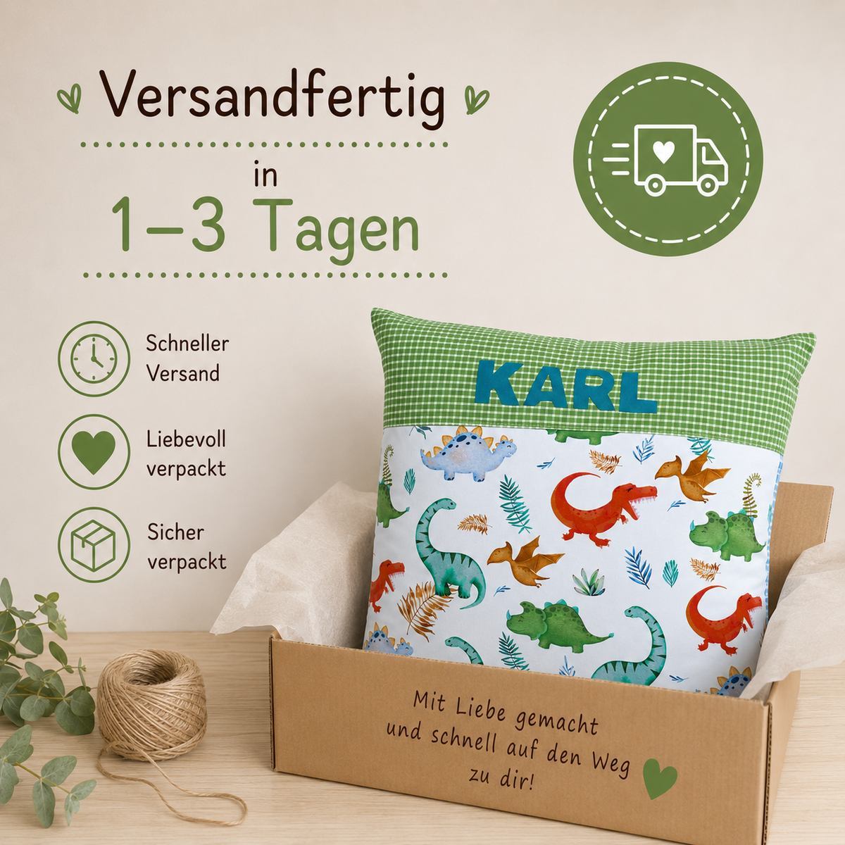Kissen mit Namen Dino | Personalisiertes Kinderkissen 40x40 cm | Geschenk für Jungen