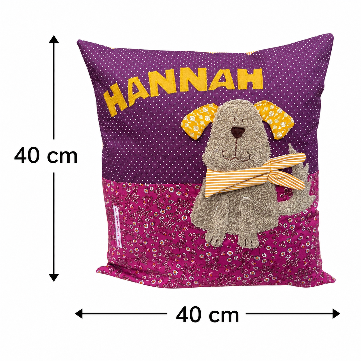Kissen personalisiert Hund – Kinderkissen mit Namen | Handgemachtes Kuschelkissen 40x40 cm